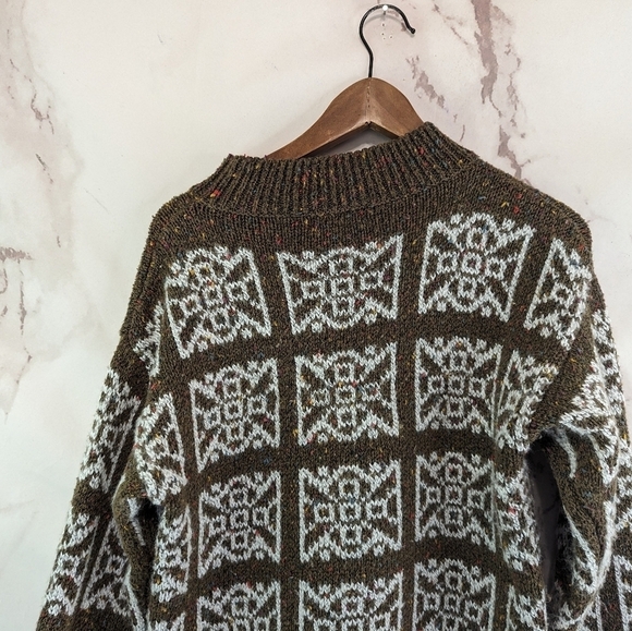 Vintage Sweater Womens Large Brown Medallion Boho Granny Square 90s Knit Pattern - Picture 6 of 10